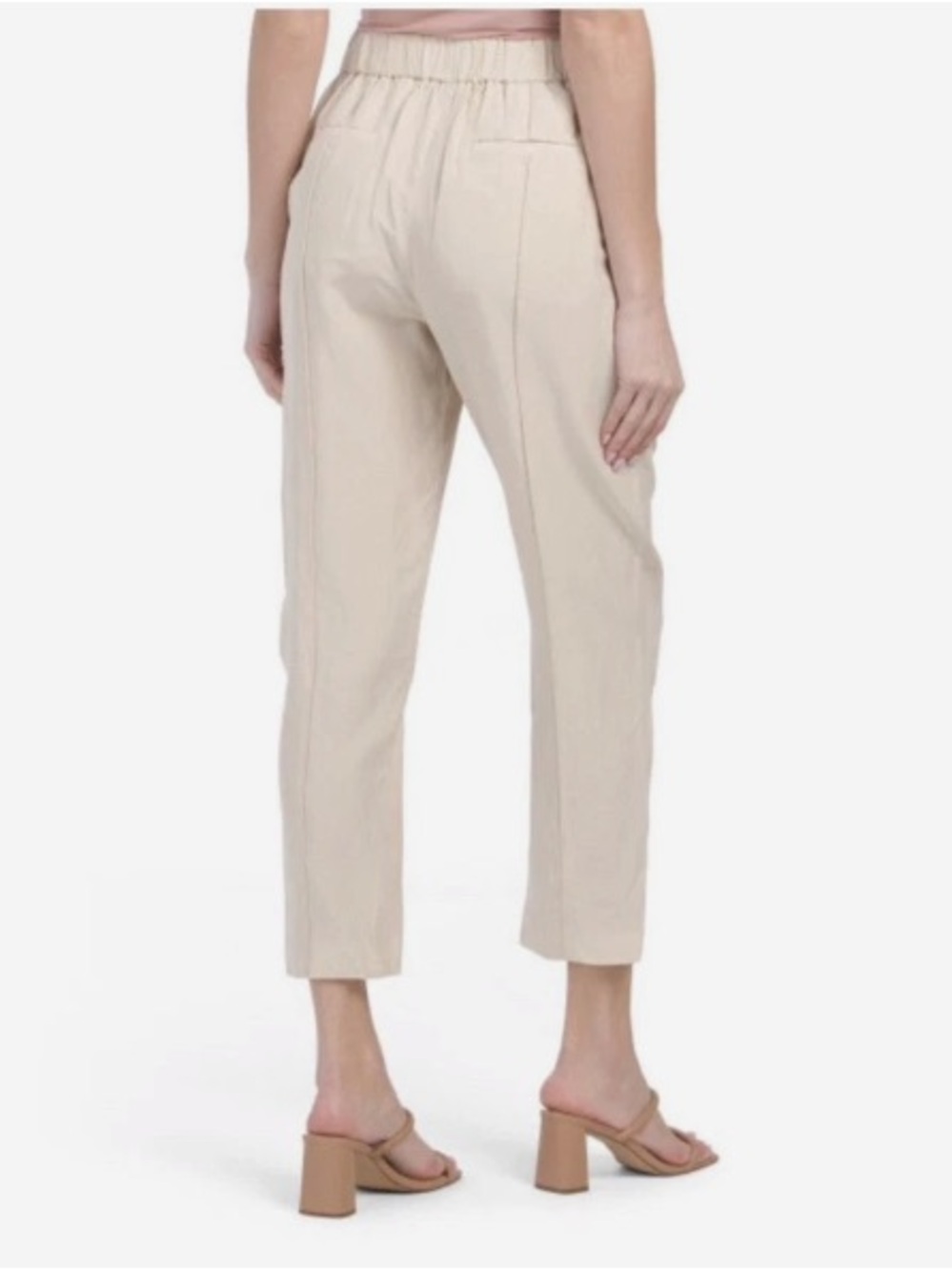 Kobi Halperin linen blend cream beige Cropped Elastic-Waist back Ankle Pants